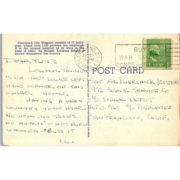 Cleveland City Hospital Aerial View Cleveland Ohio Linen Posted WWII PC337 - Picture 2 of 2